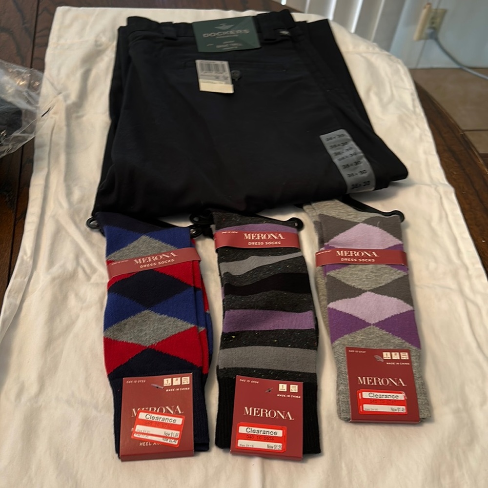 Dockers pants with a set of 3 pairs of dress socks.
